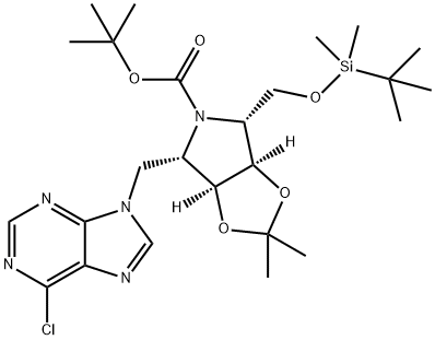 5H-1,3-Dioxolo4,5-cpyrrole-5-carboxylic acid, 4-(6-chloro-9H-purin-9-yl)methyl-6-(1,1-dimethylethyl)dimethylsilyloxymethyltetrahydro-2,2-dimethyl-, 1,1-dimethylethyl ester, (3aS,4S,6R,6aR)- 구조식 이미지