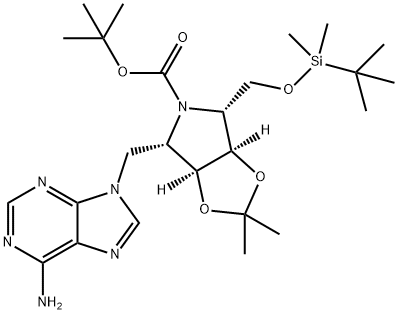 5H-1,3-Dioxolo4,5-cpyrrole-5-carboxylic acid, 4-(6-amino-9H-purin-9-yl)methyl-6-(1,1-dimethylethyl)dimethylsilyloxymethyltetrahydro-2,2-dimethyl-, 1,1-dimethylethyl ester, (3aS,4S,6R,6aR)- 구조식 이미지