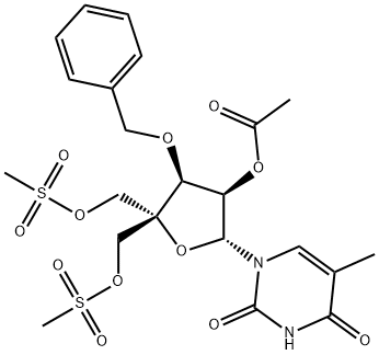 1-(2-O-acetyl-3-O-benzyl-4-C-methanesulfonoxymethyl-5-O-methanesulfonyl-β-D-ribofuranosyl)thymine Structure