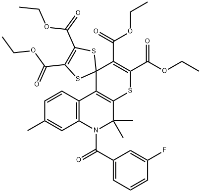 2,3,4',5'-tetrakis(ethoxycarbonyl)-6-(3-fluorobenzoyl)-5,5,8-trimethyl-5,6-dihydrospiro(1H-thiopyrano[2,3-c]quinoline-1,2'-[1',3']-dithiole) Structure