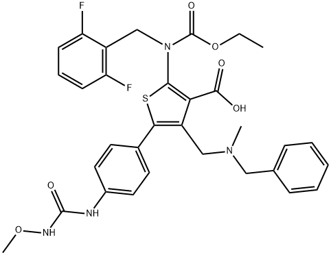 3-Thiophenecarboxylic acid, 2-[[(2,6-difluorophenyl)methyl](ethoxycarbonyl)amino]-5-[4-[[(methoxyamino)carbonyl]amino]phenyl]-4-[[methyl(phenylmethyl)amino]methyl]- Structure
