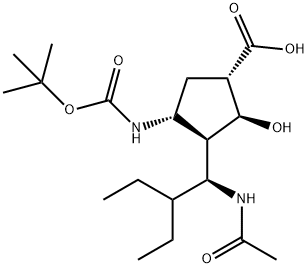 Cyclopentanecarboxylic acid, 3-[(1S)-1-(acetylamino)-2-ethylbutyl]-4-[[(1,1-dimethylethoxy)carbonyl]amino]-2-hydroxy-, (1S,2S,3R,4R)- Structure