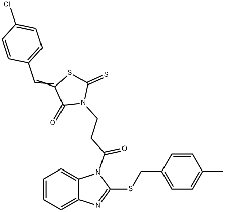 (5Z)-5-[(4-chlorophenyl)methylidene]-3-[3-[2-[(4-methylphenyl)methylsulfanyl]benzimidazol-1-yl]-3-oxopropyl]-2-sulfanylidene-1,3-thiazolidin-4-one 구조식 이미지