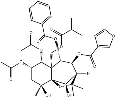 3-Furancarboxylic acid, (3S,4S,5S,5aS,6R,7S,9S,9aS,10R)-6,7-bis(acetyloxy)-5-(benzoyloxy)octahydro-9,10-dihydroxy-2,2,9-trimethyl-5a-[(2-methyl-1-oxopropoxy)methyl]-2H-3,9a-methano-1-benzoxepin-4-yl ester Structure