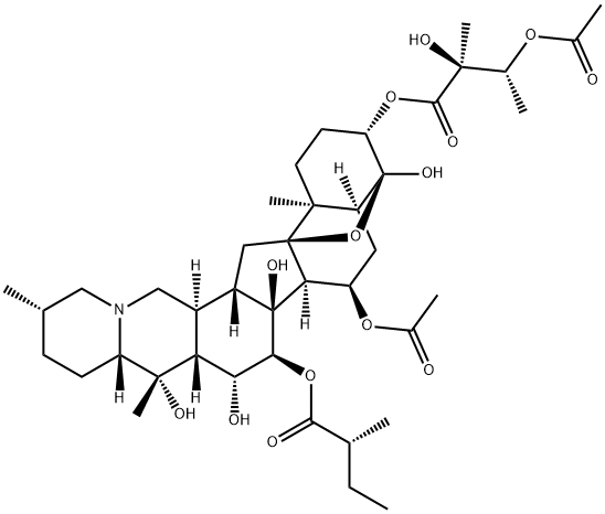 4α,9-Epoxycevane-3β,4,7α,14,15α,16β,20-heptol 7-acetate 3-[(2S,3R)-3-acetoxy-2-hydroxy-2-methylbutanoate]15-[(R)-2-methylbutanoate] Structure