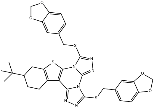 3,7-bis((benzo[d][1,3]dioxol-5-ylmethyl)thio)-11-(tert-butyl)-10,11,12,13-tetrahydrobenzo[4,5]thieno[3,2-e]bis([1,2,4]triazolo)[4,3-a:4',3'-c]pyrimidine 구조식 이미지