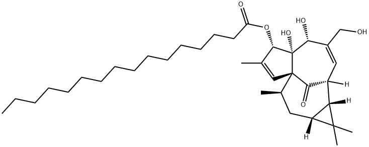 Palmitic acid (1aR)-1aα,2β,5,5a,6,9,10,10aα-octahydro-5β,5aβ-dihydroxy-4-hydroxymethyl-1,1,7,9α-tetramethyl-11-oxo-1H-2α,8aα-methanocyclopenta[a]cyclopropa[e]cyclodecen-6β-yl ester Structure