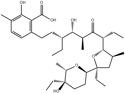 Benzoic acid, 6-[(3R,4S,5S,7R)-3-ethyl-7-[(2S,3S,5S)-5-ethyl-5-[(2R,5R,6S)-5-ethyltetrahydro-5-hydroxy-6-methyl-2H-pyran-2-yl]tetrahydro-3-methyl-2-furanyl]-4-hydroxy-5-methyl-6-oxononyl]-2-hydroxy-3-methyl- Structure