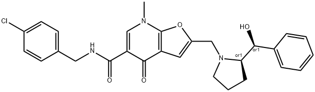 Furo[2,3-b]pyridine-5-carboxamide,  N-[(4-chlorophenyl)methyl]-4,7-dihydro-2-[[(2R)-2-[(S)-hydroxyphenylmethyl]-1-pyrrolidinyl]methyl]-7-methyl-4-oxo-,  rel- Structure