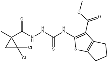 methyl 2-(2-(2,2-dichloro-1-methylcyclopropanecarbonyl)hydrazinecarbothioamido)-5,6-dihydro-4H-cyclopenta[b]thiophene-3-carboxylate 구조식 이미지