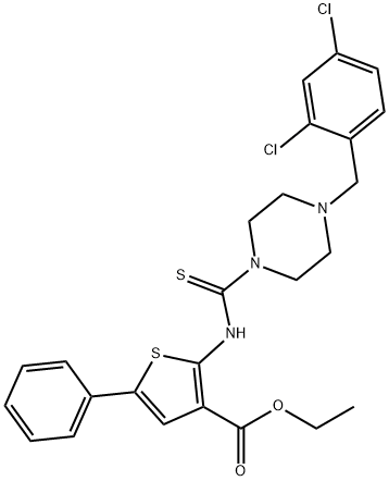 ethyl 2-(4-(2,4-dichlorobenzyl)piperazine-1-carbothioamido)-5-phenylthiophene-3-carboxylate Structure