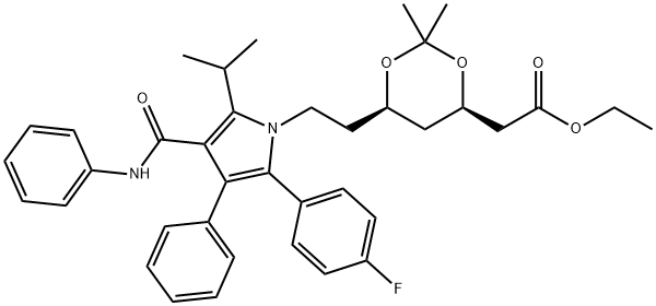 ethyl 2-((4R,6R)-6-(2-(2-(4-fluorophenyl)-5-isopropyl-3-phenyl-4- (phenylcarbamoyl)-1H-pyrrol-1-yl)ethyl)-2,2-dimethyl-1,3-dioxan- 4-yl)acetate 구조식 이미지