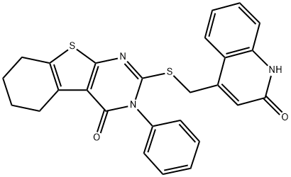 2-[(2-oxo-1H-quinolin-4-yl)methylsulfanyl]-3-phenyl-5,6,7,8-tetrahydro-[1]benzothiolo[2,3-d]pyrimidin-4-one 구조식 이미지