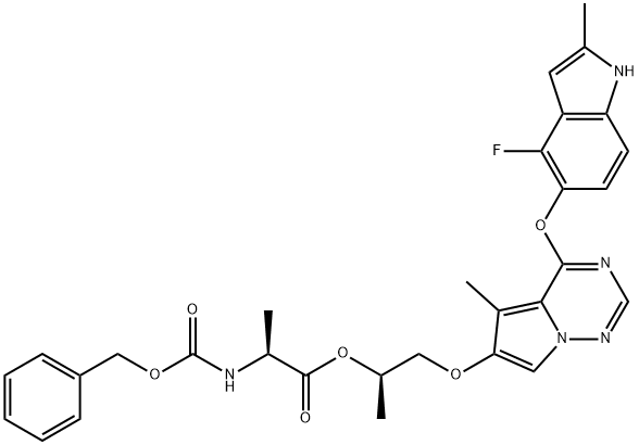 (S)-((R)-1-(4-(4-fluoro-2-methyl-1H-indol-5-yloxy)-5-methylpyrrolo[2,1-f][1,2,4]triazin-6-yloxy)propan-2-yl) 2-(benzyloxycarbonylamino)propanoate Structure