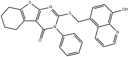 2-[(8-hydroxyquinolin-5-yl)methylsulfanyl]-3-phenyl-5,6,7,8-tetrahydro-[1]benzothiolo[2,3-d]pyrimidin-4-one 구조식 이미지