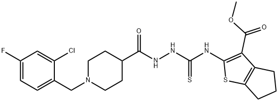 methyl 2-(2-(1-(2-chloro-4-fluorobenzyl)piperidine-4-carbonyl)hydrazinecarbothioamido)-5,6-dihydro-4H-cyclopenta[b]thiophene-3-carboxylate 구조식 이미지