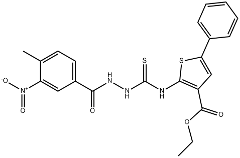 ethyl 2-(2-(4-methyl-3-nitrobenzoyl)hydrazinecarbothioamido)-5-phenylthiophene-3-carboxylate 구조식 이미지