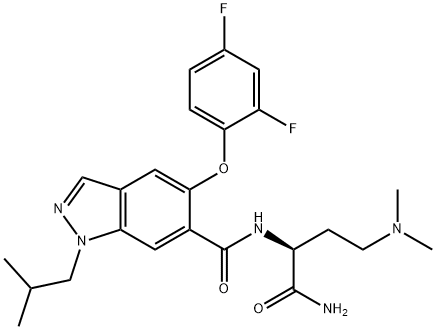 1H-Indazole-6-carboxamide, N-[(1S)-1-(aminocarbonyl)-3-(dimethylamino)propyl]-5-(2,4-difluorophenoxy)-1-(2-methylpropyl)- Structure
