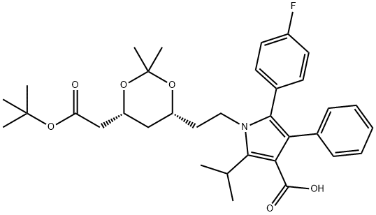 1H-Pyrrole-3-carboxylic acid, 1-[2-[(4R,6R)-6-[2-(1,1-dimethylethoxy)-2-oxoethyl]-2,2-dimethyl-1,3-dioxan-4-yl]ethyl]-5-(4-fluorophenyl)-2-(1-methylethyl)-4-phenyl- Structure