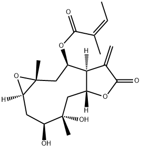 (Z)-2-Methyl-2-butenoic acid (1aR,3S,4S,5aR,8aS,9R,10aR)-dodecahydro-3,4-dihydroxy-4,10a-dimethyl-8-methylene-7-oxooxireno[5,6]cyclodeca[1,2-b]furan-9-yl ester 구조식 이미지