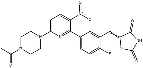 2,4-Thiazolidinedione, 5-[[5-[6-(4-acetyl-1-piperazinyl)-3-nitro-2-pyridinyl]-2-fluorophenyl]methylene]- 구조식 이미지