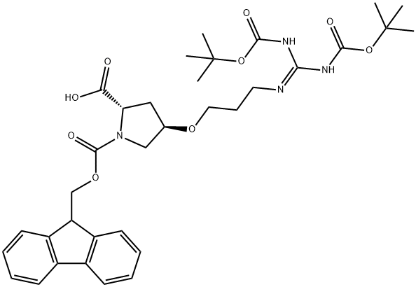 1,2-Pyrrolidinedicarboxylic acid, 4-[3-[[bis[[(1,1-dimethylethoxy)carbonyl]amino]methylene]amino]propoxy]-, 1-(9H-fluoren-9-ylmethyl) ester, (2S,4R)- Structure