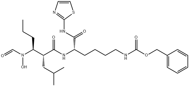 Carbamic acid, N-[(5S)-5-[[(2R,3S)-3-(formylhydroxyamino)-2-(2-methylpropyl)-1-oxohexyl]amino]-6-oxo-6-(2-thiazolylamino)hexyl]-, phenylmethyl ester Structure