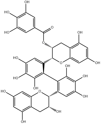 Benzoic acid, 3,4,5-trihydroxy-, (2R,3R)-2-[(1R)-6'-[(2R,3R)-3,4-dihydro-3,5,7-trihydroxy-2H-1-benzopyran-2-yl]-2',3',4,4',5,6-hexahydroxy[1,1'-biphenyl]-2-yl]-3,4-dihydro-5,7-dihydroxy-2H-1-benzopyran-3-yl ester Structure
