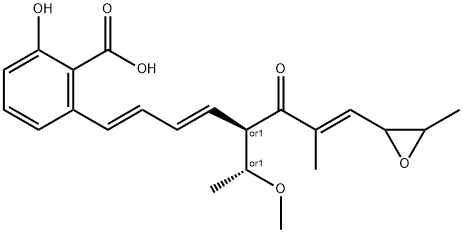 Benzoic acid, 2-hydroxy-6-[(1E,3E,5R,7E)-5-[(1R)-1-methoxyethyl]-7-methyl-8-(3-methyl-2-oxiranyl)-6-oxo-1,3,7-octatrien-1-yl]-, rel- Structure