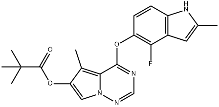 Propanoic acid, 2,2-diMethyl-, 4-[(4-fluoro-2-Methyl-1H-indol-5-yl)oxy]-5-Methylpyrrolo[2,1-f][1,2,4]triazin-6-yl ester Structure