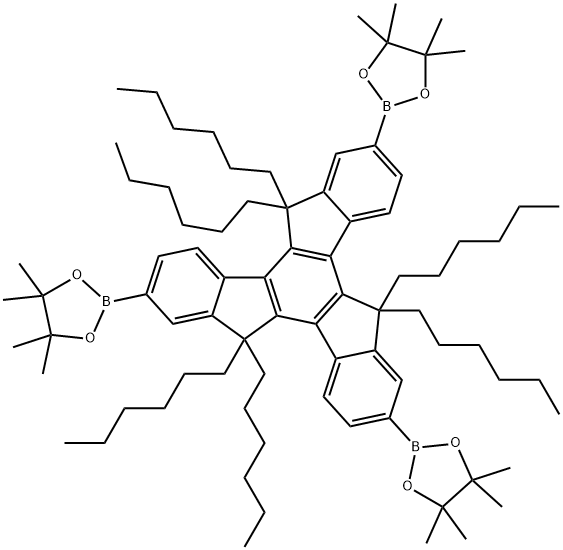 2,2',2''-(5,5,10,10,15,15-hexahexyl-10,15-dihydro-5H-diindeno[1,2-a:1',2'-c]fluorene-2,7,12-triyl)tris(4,4,5,5-tetramethyl-1,3,2-dioxaborolane) Structure