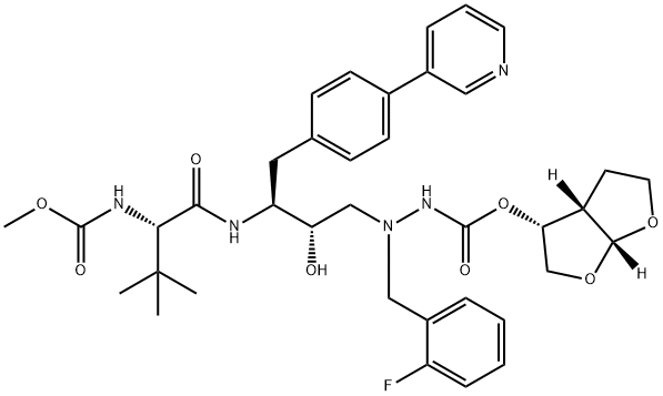 12-Oxa-2,3,7,10-tetraazatridecanoic acid, 9-(1,1-dimethylethyl)-3-[(2-fluorophenyl)methyl]-5-hydroxy-8,11-dioxo-6-[[4-(3-pyridinyl)phenyl]methyl]-, (3R,3aS,6aR)-hexahydrofuro[2,3-b]furan-3-yl ester, (5S,6S,9S)- 구조식 이미지