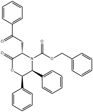 4-Morpholinecarboxylic acid, 2-oxo-3-(2-oxo-2-phenylethyl)-5,6-diphenyl-, phenylmethyl ester, (3S,5S,6R)- 구조식 이미지