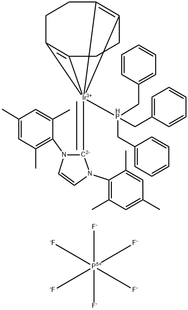 Iridium(1+), [(1,2,5,6-η)-1,5-cyclooctadiene][1,3-dihydro-1,3-bis(2,4,6-trimethylphenyl)-2H-imidazol-2-ylidene][tris(phenylmethyl)phosphine]-, hexafluorophosphate(1-) (1:1) Structure