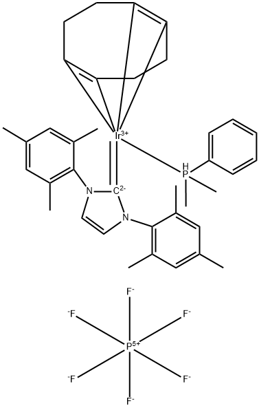 Iridium(1+), [(1,2,5,6-η)-1,5-cyclooctadiene][1,3-dihydro-1,3-bis(2,4,6-trimethylphenyl)-2H-imidazol-2-ylidene](dimethylphenylphosphine)-, hexafluorophosphate(1-) (1:1) Structure