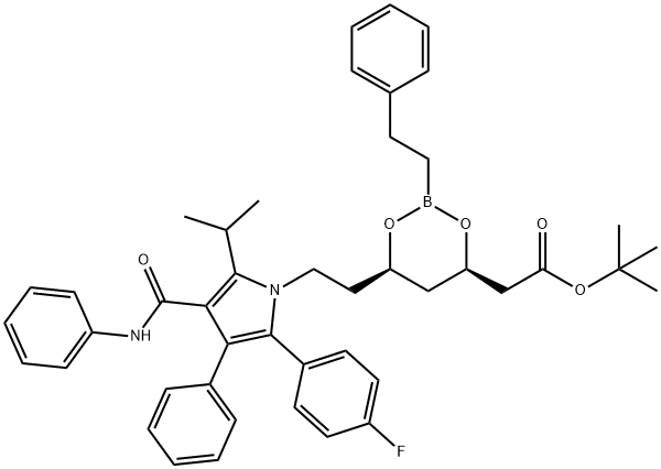1,3,2-Dioxaborinane-4-acetic acid, 6-[2-[2-(4-fluorophenyl)-5-(1-methylethyl)-3-phenyl-4-[(phenylamino)carbonyl]-1H-pyrrol-1-yl]ethyl]-2-(2-phenylethyl)-, 1,1-dimethylethyl ester, (4R,6R)- 구조식 이미지