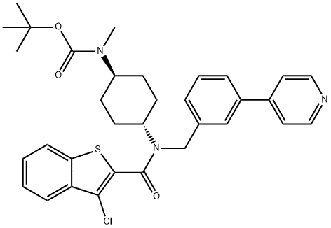 Carbamic acid, N-[trans-4-[[(3-chlorobenzo[b]thien-2-yl)carbonyl][[3-(4-pyridinyl)phenyl]methyl]amino]cyclohexyl]-N-methyl-, 1,1-dimethylethyl ester Structure