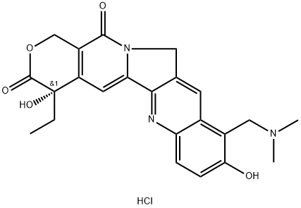 1H-Pyrano[3',4':6,7]indolizino[1,2-b]quinoline-3,14(4H,12H)-dione, 10-[(dimethylamino)methyl]-4-ethyl-4,9-dihydroxy-, hydrochloride (1:), (4S)- 구조식 이미지