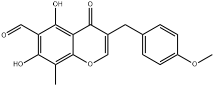 4H-1-Benzopyran-6-carboxaldehyde, 5,7-dihydroxy-3-[(4-methoxyphenyl)methyl]-8-methyl-4-oxo- 구조식 이미지