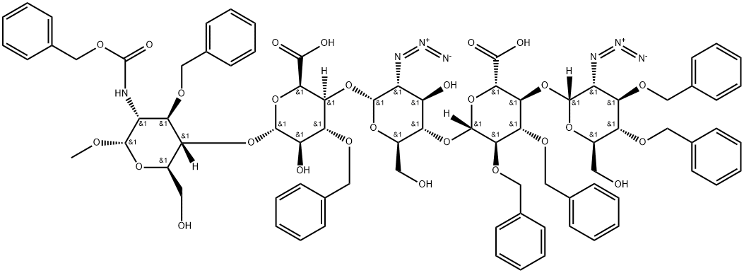 a-D-Glucopyranoside, Methyl O-2-azido-2-deoxy-3,4-bis-O-(phenylMethyl)-a-D-glucopyranosyl-(14) -O-2,3-bis-O-(phenylMethyl)-b-D-glucopyranuronosyl-(14)-O-2-azido- 2-deoxy-a-D-glucopyranosyl-(14)-O-3-O-(phenylMethyl)-a-L-idopyranu ronosyl-(14)-2-deoxy-2 Structure