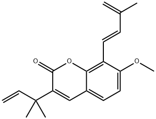2H-1-Benzopyran-2-one, 3-(1,1-dimethyl-2-propen-1-yl)-7-methoxy-8-[(1E)-3-methyl-1,3-butadien-1-yl]- 구조식 이미지