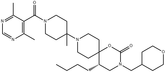 1-Oxa-3,9-diazaspiro[5.5]undecan-2-one, 5-butyl-9-[1-[(4,6-dimethyl-5-pyrimidinyl)carbonyl]-4-methyl-4-piperidinyl]-3-[(tetrahydro-2H-pyran-4-yl)methyl]-, (5S)- Structure