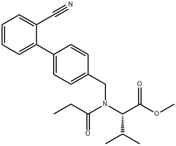 L-Valine, N-[(2'-cyano[1,1'-biphenyl]-4-yl)methyl]-N-(1-oxopropyl)-, methyl ester 구조식 이미지