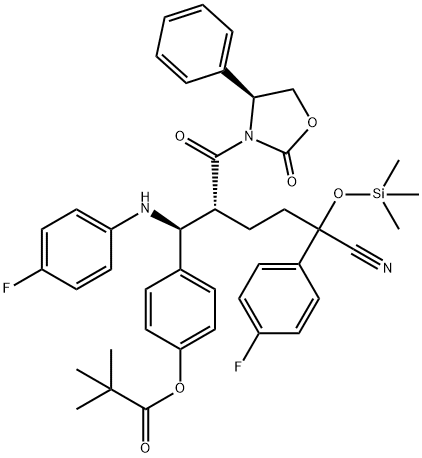 Propanoic acid, 2,2-dimethyl-, 4-[(1S,2R)-5-cyano-5-(4-fluorophenyl)-1-[(4-fluorophenyl)amino]-2-[[(4S)-2-oxo-4-phenyl-3-oxazolidinyl]carbonyl]-5-[(trimethylsilyl)oxy]pentyl]phenyl ester Structure