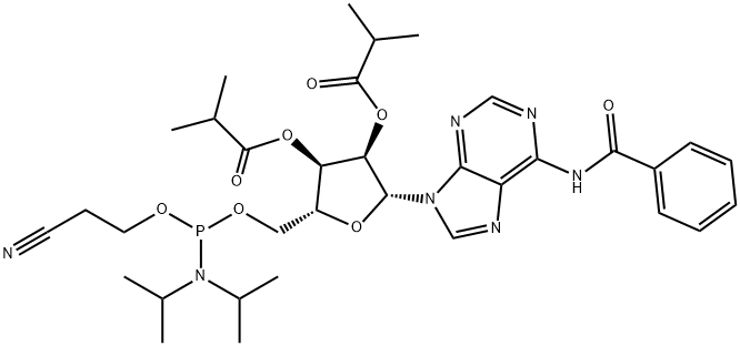 2-cyanoethoxy-N,N'-diisopropylamino-(6-N-benzoyl-2',3'-di-O-isobutyryl-β-D-adenyl-5'-yl)phosphine Structure