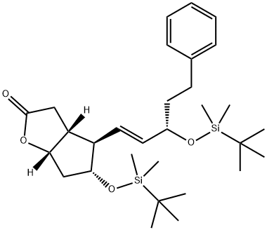 2H-Cyclopenta[b]furan-2-one, 5-[[(1,1-dimethylethyl)dimethylsilyl]oxy]-4-[(1E,3S)-3-[[(1,1-dimethylethyl)dimethylsilyl]oxy]-5-phenyl-1-penten-1-yl]hexahydro-, (3aR,4R,5R,6aS)- 구조식 이미지