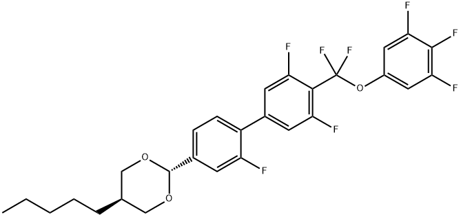 1,3-Dioxane, 2-[4'-[difluoro(3,4,5-trifluorophenoxy)methyl]-2,3',5'-trifluoro[1,1'-biphenyl]-4-yl]-5-pentyl-, trans- 구조식 이미지