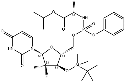 N-[[P(S),2''R]-2''-deoxy-3''-O-[(1,1-dimethylethyl)dimethylsilyl]-2''-fluoro-2''-methyl-P-phenyl-5''-uridylyl]-L-alanine 1-Methylethyl Ester Structure