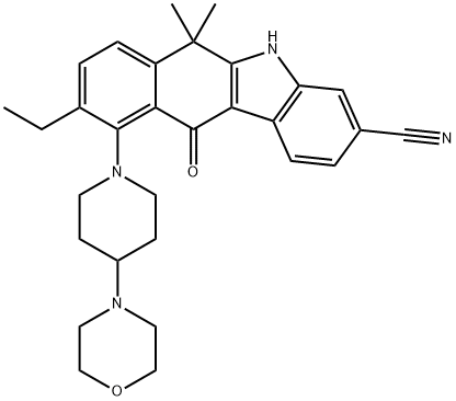 9-ethyl-6,6-dimethyl-10-(4-morpholinopiperidin-1-yl)-11-oxo-6,11-dihydro-5H-benzo[b]carbazole-3-carbonitrile Structure