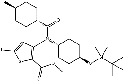 3-[[4-(tert-Butyl-dimethyl-silanyloxy)-cyclohexyl]-(4-methyl-cyclohexanecarbonyl)-amino]-5-iodo-thiophene-2-carboxylic acid methyl ester Structure